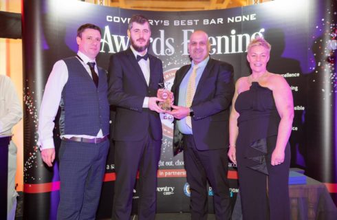 Overall Best Bar None winners in 2022 - Gavin Healy (Flying Standard JD Wetherspoon) and Rob Browning (Area Manager JD Wetherspoon), Cllr Abdul Salam Khan and Joanne Glover (Coventry BID).